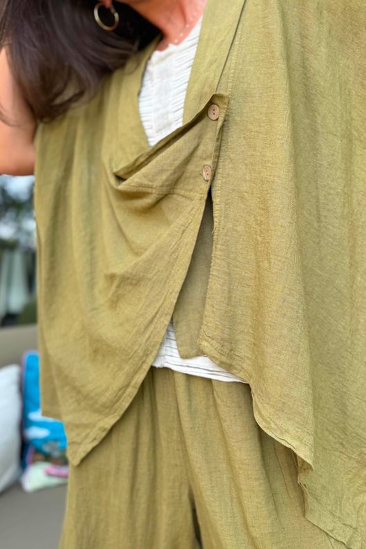 Sandbar Linen Blend Drape Front Cap Sleeve Gilet Deep Olive